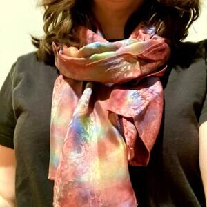 Vintage Pink Rainbow Tie Dye Brocade Scarf Art to Wear Whimsical Fairy Ethereal